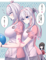 3girls ball black_hair blue_eyes blush bowling_ball breast_press breasts commentary_request dated floral_print fubuki_(kancolle) fubuki_(round_one)_(kancolle) fuyutsuki_(kancolle) fuyutsuki_(round_one)_(kancolle) grey_hair hair_between_eyes headband headgear heart highres holding hug hug_from_behind kabocha_torute kantai_collection long_hair multiple_girls official_alternate_costume one_side_up parted_lips pink_headband short_sleeves simple_background skirt sound_effects speech_bubble suzutsuki_(kancolle) sweat translation_request twitter_username yuri