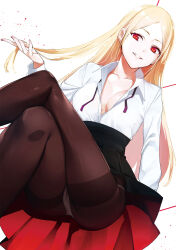 1girl ass black_pantyhose black_skirt blonde_hair breasts breasts_apart cleaned cover cover_page crossed_legs destiny_lovers dress_shirt grin hair_flip high-waist_skirt highres hinoe_marika long_hair manga_cover medium_breasts neck_ribbon official_art open_collar paint_splatter panties pantyhose pantyshot parted_bangs pink_nails red_eyes ribbon shirt simple_background sitting skirt smile solo third-party_edit third-party_source tomohiro_kai two-tone_skirt underwear white_background white_panties white_shirt