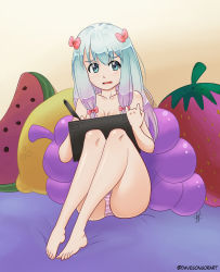 1girl barefoot bed blue_eyes blue_hair blush bow breasts collarbone dakunart drawing_(object) drawing_tablet embarrassed eromanga_sensei food food-themed_pillow fruit grapes hair_bow highres holding izumi_sagiri lemon long_hair looking_at_viewer medium_breasts multicolored_hair open_mouth orange_background panties pillow pink_hair pink_panties sitting strawberry strawberry-shaped_pillow striped_clothes striped_panties stylus topless_female two-tone_hair underwear watermelon