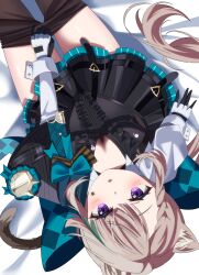 1girl absurdres animal_ear_fluff animal_ears aqua_bow bed_sheet black_bustier black_gloves black_pantyhose black_skirt blush bow braid breasts cat_ears cat_girl cat_tail cleavage clothes_pull facial_mark from_above genshin_impact gloves grey_hair highres huge_bow layered_skirt long_hair long_sleeves looking_at_viewer looking_up lynette_(genshin_impact) open_mouth pantyhose pantyhose_pull pleated_skirt ponytail purple_eyes sankaku_(maruchann32) shiny_skin single_braid skirt small_breasts solo star_(symbol) star_facial_mark swept_bangs tail two-tone_gloves very_long_hair white_gloves