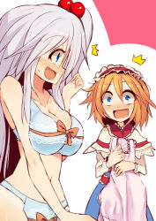 2girls ^^^ alice-type_underwear alice_margatroid blonde_hair blue_bra blue_dress blue_eyes blue_panties blush bow bow_bra bow_panties bra breasts capelet commentary_request dress hair_bobbles hair_ornament hairband kuresento large_breasts lolita_hairband long_hair long_sleeves looking_at_another midriff multiple_girls navel one_side_up open_mouth panties partial_commentary profile revision ribbon sash shinki_(touhou) short_hair smile surprised sweatdrop touhou touhou_(pc-98) underwear underwear_only white_hair wide-eyed