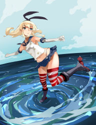 Rule 34 | 1girl, black hairband, black panties, blonde hair, blue sky, cloud, crop top, dutch angle, elbow gloves, gloves, grey eyes, hairband, highleg, highleg panties, kantai collection, long hair, miniskirt, navel, ocean, panties, rudder footwear, school uniform, serafuku, shimakaze (kancolle), skirt, sky, striped clothes, striped thighhighs, thighhighs, underwear, whirlpool, white gloves, yamaioni (sasakama)