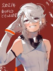 1girl 2021 absurdres bare_shoulders bracelet brown_eyes bukimi_isan elbow_gloves eye_mask gloves grey_gloves grey_hair grin highres hood hood_down jewelry leotard red_background salute short_hair shy_(character) shy_(series) smile solo teeth translation_request white_background white_leotard white_mask