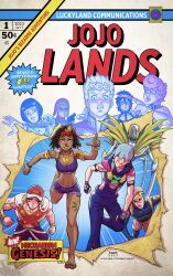 2023 arm_behind_head armlet back barefoot baseball_cap bernhard_binder black_hair blue_eyes bob_cut bracelet braid bruno_bucciarati comic_cover_redraw commentary derivative_work dragona_joestar dreadlocks earrings english_commentary english_text facial_mark fingerless_gloves flower giorno_giovanna gloves green_eyes green_lips grey_hair guido_mista gun hair_flower hair_ornament hairclip handgun hat headband highres holding holding_gun holding_weapon hood hoodie jewelry jodio_joestar jojo_no_kimyou_na_bouken leg_tattoo marvel narancia_ghirga november_rain_(stand) orange_headband paco_laburantes parody pink_hair pink_lips pointing purple_shorts purple_sports_bra revolver short_shorts short_sleeves shorts signature single_braid smile sports_bra stand_(jojo) stud_earrings tattoo the_jojolands trish_una usagi_aloha&#039;oe vento_aureo weapon x-men