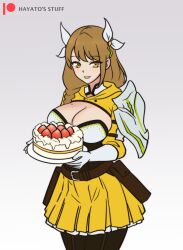 1girl absurdres black_corset braid breasts cake corset fire_emblem fire_emblem_engage food fruit goldmary_(fire_emblem) hayato_stuff highres holding holding_cake holding_food hooded_top large_breasts low_ponytail nintendo ponytail ribbon side_ponytail single_shoulder_pad skirt strawberry white_ribbon yellow_skirt