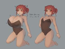 Rule 34 | 1boy, absurdres, breast expansion, breasts, bulge, highres, huge breasts, kneeling, leotard, male with breasts, orange eyes, pittori, red hair, simple background, strapless, strapless leotard