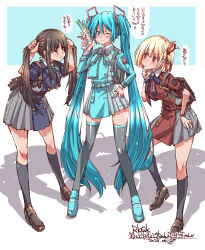 3girls alternate_hairstyle annoyed aqua_dress aqua_eyes aqua_hair backpack bag blue_dress bunching_hair crossover dress grey_dress gun hair_ornament hair_ribbon hand_on_own_chin hatsune_miku headphones headset highres holding holding_gun holding_weapon inoue_takina long_hair lycoris_recoil lycoris_uniform multiple_girls nishikigi_chisato one_eye_closed red_dress red_eyes ribbon rubber_band_gun skirt smile spring_onion translation_request twintails two-tone_dress v very_long_hair vocaloid weapon yazawa_mana