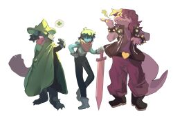 1boy 1girl 1other absurdres animal_ears armlet armor armored_boots armored_gloves black_fur black_pants black_vest blue_hair blue_skin boots bracelet breastplate closed_mouth colored_skin commentary deltarune english_commentary fang full_body furry furry_female furry_male goat_boy goat_ears green_robe hand_on_hilt hand_on_own_hip heart highres holding holding_sword holding_weapon index_finger_raised jewelry kris_(dark_world)_(deltarune) kris_(deltarune) light_frown long_hair looking_at_viewer medium_hair open_mouth pants pink_skin purple_hair purple_shirt ralsei red_scarf robe round_eyewear s1llybeetle scarf sharp_teeth shirt simple_background skin_fang speech_bubble spiked_armlet spiked_bracelet spikes standing susie_(dark_world)_(deltarune) susie_(deltarune) sword teeth vest weapon white_background