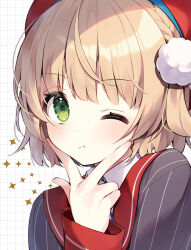 1girl green_eyes hat jacket one_eye_closed red_hat school_uniform shigure_ui_(vtuber) shigure_ui_(vtuber)_(1st_costume) solo striped_clothes striped_jacket suimya v virtual_youtuber