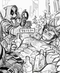 2boys abs alternate_costume animal_ears arm_hair bara basket belt big_bad_wolf big_bad_wolf_(cosplay) blush bottle bow bowtie chain chain_leash chest_hair closed_eyes collar commentary_request cosplay deadpool deadpool_&amp;_wolverine deadpool_(series) dishing dress facial_hair gloves greyscale hairy halloween halloween_costume holding holding_leash hood hood_up katana korean_commentary large_pectorals leash little_red_riding_hood_(fairy_tale) little_red_riding_hood_(fairy_tale_character)_(cosplay) little_red_riding_hood_(fairy_tale_character) lying male_focus marvel marvel_cinematic_universe mask monochrome multiple_boys muscular muscular_male nature nipples open_mouth outdoors pants pectorals scar scars_all_over short_hair sword sword_on_back too_many topless_male translation_request veins veiny_arms weapon weapon_on_back wolf_boy wolf_ears wolverine_(x-men) x-men yaoi