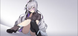 1girl absurdres ass asymmetrical_legwear black_gloves black_shoes black_thighhighs bronya_zaychik bronya_zaychik_(heart_of_the_night) bronya_zaychik_(silverwing:_n-ex) china_dress chinese_clothes dress female_focus fled glasses gloves grey_background hair_between_eyes hair_ornament hair_ribbon hairpin highres honkai_(series) honkai_impact_3rd long_hair looking_at_viewer panties purple-tinted_eyewear purple-tinted_glasses ribbon round_eyewear shoes silver_hair simple_background sitting solo sunglasses tagme thighhighs thighs tiara tinted_eyewear underwear very_long_hair