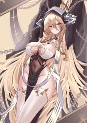 1girl absurdly_long_hair absurdres arms_up azur_lane blonde_hair breasts chain cleavage cleavage_cutout clothing_cutout covered_navel dress fake_horns gloves habit hair_between_eyes half_gloves highres horns implacable_(azur_lane) large_breasts long_bangs long_hair looking_at_viewer nun pelvic_curtain red_eyes revealing_clothes seabread solo thighhighs two-tone_dress veil very_long_hair white_horns white_thighhighs