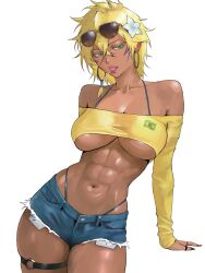 Rule 34 | 1girl, abs, bare shoulders, bion (insomn bion), bleach, blonde hair, brazilian flag, breasts, candy, collarbone, colored eyelashes, crop top, dark-skinned female, dark skin, denim, denim shorts, espada, female focus, flower, food, green eyes, hair flower, hair ornament, highres, jeans shorts, large breasts, lollipop, medium hair, navel, short shorts, shorts, simple background, skindentation, solo, sunglasses, sunglasses on head, thigh strap, tier harribel, underboob, white background