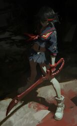 1girl absurdres black_hair black_serafuku black_skirt breasts commentary daodtt full_body gloves hashtag-only_commentary highres holding kill_la_kill matoi_ryuuko midriff miniskirt multicolored_hair pleated_skirt red_gloves red_streaks school_uniform scissor_blade_(kill_la_kill) senketsu serafuku shadow shoes short_hair skirt solo streaked_hair suspenders white_shoes