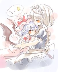 2girls alternate_hairstyle bat_wings blue_hair blush commentary_request izayoi_sakuya maru_usagi multiple_girls pointy_ears red_eyes remilia_scarlet short_sleeves simple_background smile solo touhou white_background wings
