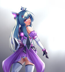 1girl ahoge amakubo_yuri ass back_bow bare_shoulders black_gloves blue_hair blush bow detached_sleeves elbow_gloves exs-tia_flora from_behind gloves gradient_background grey_background hair_ornament highres kouyoku_senki_exs-tia kozu_rokuta leotard long_hair looking_at_viewer looking_back magical_girl miniskirt open_mouth panties pantyshot purple_eyes purple_skirt skirt smile solo standing thighhighs twintails underwear white_panties white_thighhighs