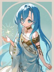 1girl 37_(reverse:1999) ancient_greek_clothes aqua_background armlet bare_shoulders blue_eyes blue_hair border brown_border circle gold_choker greco-roman_clothes hair_between_eyes hand_up highres imno_ir jewelry long_hair outside_border reverse:1999 smile solo sparkle toga upper_body very_long_hair