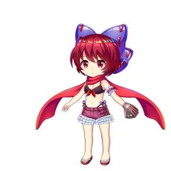 1girl a-pose alternate_costume baseball_glove bikini bikini_under_shorts black_bikini bow breasts chibi cleavage flip-flops hair_bow highres medium_breasts pitching purple_bow red_eyes red_hair red_scarf rotte_(1109) sandals scarf sekibanki sekibanki_(dullahan_on_the_beach) short_hair simple_background solo sprite swimsuit touhou touhou_lostword white_background