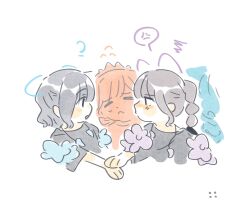 2girls 4th_live_dream_~bloom_the_dream_believers~ ? anger_vein animification black_hair black_shirt blush bob_cut closed_mouth colored_speech_bubble commentary eye_contact flying_sweatdrops highres jealous kurusu_rin link!_like!_love_live! long_hair looking_at_another looking_at_viewer love_live! multi-tied_hair multiple_girls ponytail real_life sakurai_hina shirt short_hair sidelocks speech_bubble spoken_anger_vein t-shirt voice_actor woodonly