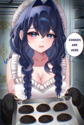 1girl absurdres adapted_costume apron ayrinsama baking_sheet black_hair blue_eyes blush braid breasts burnt_food cleavage cookie english_text food hair_intakes hat highres hololive hololive_english indoors large_breasts long_hair looking_at_viewer low_twin_braids maid_apron mob_cap official_alternate_hairstyle open_mouth ouro_kronii oven_mitts solo speech_bubble twin_braids virtual_youtuber white_apron