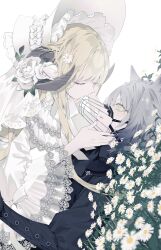 2girls absurdres animal_ears black_dress blonde_hair bonnet closed_eyes curled_horns dress facing_another flower girl_on_top grey_hair hair_flower hair_ornament highres horn_flower horns kotarou_(kot_mochi) lace-trimmed_sleeves lace_trim lolita_fashion long_hair long_sleeves looking_at_another lying multiple_girls muzzle_(mask) on_back on_grass open_mouth original rose short_hair veil white_background white_bonnet white_dress white_flower white_rose white_veil wide_sleeves wolf_ears wolf_girl yellow_eyes yuri