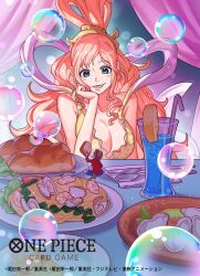 1boy 1girl bikini blue_eyes blush_stickers bubble commentary_request eating fish_hair_ornament giant giantess hagoromo hair_ornament hat head_rest highres mermaid monkey_d._luffy monster_girl official_art one_piece one_piece_card_game shawl shirahoshi sidelocks straw_hat sunohara_(encount) swept_bangs swimsuit yellow_bikini