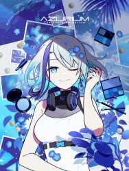 1girl bare_shoulders blue_eyes blue_flower blue_hair blue_theme breasts character_name closed_mouth coin copyright_name dress earrings flower grey_hair hair_flower hair_ornament hand_up headphones headphones_around_neck highres jewelry kazune_rain looking_at_viewer lying medium_breasts multicolored_hair on_back one_eye_closed original photo_(object) short_hair single_earring sleeveless smile solo streaked_hair upper_body white_dress