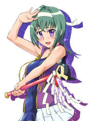 1girl blush cosplay facial_mark female_focus gohei green_hair kannagi kannagi_itsuki nagi nagi_(cosplay) oonusa purple_eyes soldier_ul solo sora_wo_kakeru_shoujo ueyama_michirou