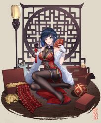 1girl ;) absurdres bare_shoulders black_pantyhose blue_hair breasts china_dress chinese_clothes chinese_commentary cleavage commentary_request covered_navel diagonal_bangs dice dress earrings elbow_gloves fingerless_gloves fingernails full_body genshin_impact gloves green_eyes highres holding_tassel jewelry large_breasts legs looking_at_viewer mole mole_on_breast nail_polish no_shoes one_eye_closed pantyhose partial_commentary qi_xuan red_nails see-through_clothes see-through_cleavage short_hair sitting smile soles solo tassel tassel_earrings thighs toes white_gloves yelan_(genshin_impact)