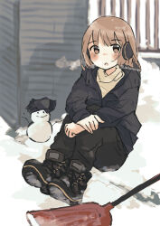 1girl absurdres blush earmuffs gloves highres looking_at_viewer original sasaxxxx06 shovel snow snow_boots snow_shovel snowman solo winter winter_clothes