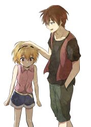 Rule 34 | 1boy, 1girl, age difference, bare shoulders, belt, belt buckle, black hairband, black shirt, blonde hair, blue eyes, blue shorts, brown hair, buckle, capri pants, clenched hands, collarbone, collared shirt, commentary request, from side, green pants, hairband, hand in pocket, headpat, height difference, highres, higurashi no naku koro ni, houjou satoko, legs apart, looking at another, looking down, maebara keiichi, open mouth, pants, pink shirt, purple eyes, red vest, shirt, shirt tucked in, short hair, shorts, shorts rolled up, shosudo, simple background, sleeveless, sleeveless shirt, standing, t-shirt, teenage boy and younger girl, vest, white background, yellow belt