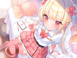 Rule 34 | 1girl, absurdres, blonde hair, blush, bow, bowtie, bracelet, braid, breasts, candy hair ornament, cellphone, food-themed hair ornament, from above, hair ornament, henreader, highres, jewelry, long hair, looking at viewer, non-web source, on bed, original, phone, pillow, pink skirt, pink thighhighs, red eyes, scrunchie, shirt, sitting, skindentation, skirt, small breasts, smartphone, smile, solo, stuffed animal, stuffed rabbit, stuffed toy, thighhighs, white shirt, wrist scrunchie, zettai ryouiki