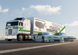 absurdres blue_sky box_truck car cloud commentary english_commentary goodyear highres map mazda mazda_rx-7 motor_vehicle mountainous_horizon no_humans original outdoors pavement pioneer_corporation road run_rotary semi_truck sky spoiler_(automobile) street trailer truck united_states vehicle_request