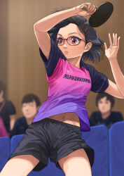Rule 34 | 1girl, black hair, black shorts, blurry, blurry background, breasts, brown eyes, glasses, gradient clothes, gradient shirt, hair ornament, hairclip, holding table tennis paddle, indoors, navel, original, otsu natsu, paddle, people, shirt, short sleeves, shorts, small breasts, sportswear, table tennis, table tennis paddle