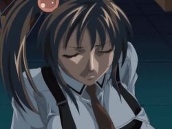 00s 1girl 2006 animated animated_gif bible_black bible_black_only blush bouncing_breasts breasts brown_hair close-up closed_eyes female_focus green_eyes hair_bobbles hair_ornament imari_kurumi large_breasts long_hair lowres necktie open_mouth school_uniform shirt side_ponytail solo tagme white_shirt