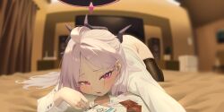 1boy 1girl alternate_costume bed_sheet bedroom black_thighhighs blue_archive blurry blurry_background commentary condom curtains dat_(dat14382) english_commentary flat_screen_tv frown halo highres hina_(blue_archive) indoors jewelry korean_commentary long_hair looking_at_viewer lying mixed-language_commentary on_bed on_stomach open_mouth pink_eyes pink_halo pov refrigerator ring shirt solo_focus speaker television thighhighs unbuttoned white_hair white_shirt