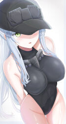 Rule 34 | 1girl, :d, absurdres, arm behind back, bare shoulders, baseball cap, black hat, black leotard, blush, breasts, covered erect nipples, covered navel, cross, facepaint, from above, girls&#039; frontline, girls&#039; frontline 2: exilium, green eyes, groin, hair ornament, hairclip, hat, highleg, highleg leotard, highres, hk416 (girls&#039; frontline), iron cross, klukai (girls&#039; frontline 2), large breasts, leotard, light smile, long hair, looking at viewer, looking up, open mouth, ponytail, smile, solo, standing, swimsuit, teardrop, thigh gap, thighs, uchikata takeaki, very long hair, white hair