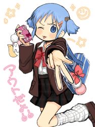 Rule 34 | 1girl, animal charm, bag, blazer, blue eyes, blue hair, blush, bow, bowtie, brown shoes, charm (object), cube hair ornament, dress shirt, gingham skirt, hair ornament, hairclip, highres, jacket, looking at viewer, loose socks, mogura (nichijou), naganohara mio, naganoharamiomio, nichijou, phone, pink bow, red bow, red bowtie, school bag, shirt, shoes, short twintails, smiley face, socks, sparkle, star (symbol), tongue, tongue out, twintails, white background, white bow
