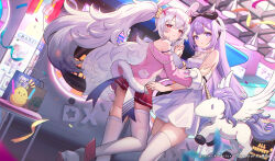 &gt;_&lt; 2girls absurdres ahoge animal_ears arcade azur_lane bare_shoulders bird black_bow bow chick dress fake_animal_ears hair_between_eyes hair_bow highres holding_hands indoors jacket laffey_(azur_lane) long_hair long_sleeves looking_at_viewer multiple_girls off-shoulder_jacket off_shoulder parted_lips pink_jacket pleated_skirt purple_eyes purple_hair rabbit_ears red_eyes red_skirt short_dress skindentation skirt stuffed_animal stuffed_toy thighhighs twintails unicorn unicorn_(azur_lane) very_long_hair weizhi white_dress white_hair white_thighhighs wings