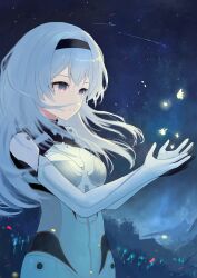 1girl absurdres black_hairband bodysuit breasts closed_mouth cottonb404 crying crying_with_eyes_open fireflies firefly_(ar-26710)_(honkai:_star_rail) firefly_(honkai:_star_rail) grey_hair hairband highres honkai:_star_rail honkai_(series) large_breasts long_hair looking_at_another mecha_pilot_suit official_alternate_costume pink_eyes sky solo star_(sky) starry_sky streaming_tears tears upper_body white_bodysuit