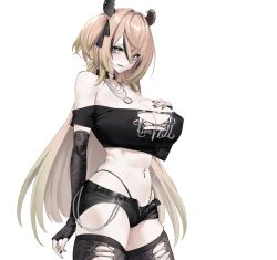 1girl alternate_costume alternate_hair_length alternate_hairstyle animal_ears bikini_under_shorts black_gloves black_shorts black_streaks black_thighhighs breasts brown_hair choker commentary commission crop_top elbow_gloves fingerless_gloves gloves green_eyes heart heart_choker highres huge_breasts indie_virtual_youtuber long_hair navel navel_piercing nimi_nightmare piercing sebakanken shorts simple_background solo tapir_ears tapir_girl thighhighs virtual_youtuber white_background