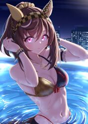 1girl absurdres alternate_costume animal_ears bikini braid breasts brown_hair buena_vista_(umamusume) building cleavage closed_mouth collarbone commentary_request hairband highres horse_ears horse_tail jewelry medium_breasts medium_hair moyashi_toufu navel necklace night purple_eyes smile solo swimsuit tail umamusume wet