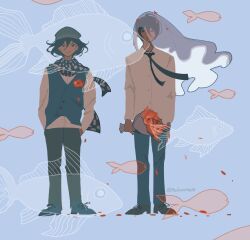 2boys ahoge alternate_costume arms_at_sides artist_request beret black_eyes black_hair black_necktie blue_background bouquet buttons checkered_clothes checkered_scarf collared_shirt commentary danganronpa_(series) danganronpa_v3:_killing_harmony english_commentary expressionless fish flipped_hair flower flying_fish full_body hair_between_eyes hands_in_pockets hat holding holding_bouquet long_sleeves looking_at_viewer male_focus medium_hair multiple_boys necktie oma_kokichi pants red_flower saihara_shuichi scarf shirt short_hair smile smirk standing twitter_username two-tone_scarf veil white_shirt