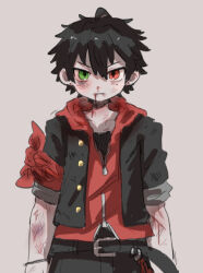 1boy ahoge arms_at_sides bandana bandana_around_arm black_hair black_shirt blood blood_from_mouth bruise bruise_on_arm bruise_on_face cowboy_shot cuts dirty dirty_clothes earrings gakuran green_eyes hair_between_eyes heterochromia hood hoodie hypnosis_mic injury jacket_over_hoodie jewelry looking_at_viewer male_focus mole mole_under_eye nosebleed red_bandana red_eyes red_hoodie school_uniform scowl scrape shirt short_hair simple_background sleeves_rolled_up solo stud_earrings suke8364 yamada_ichiro