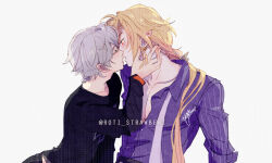 2boys arm_up bare_pectorals black_pants black_shirt blonde_hair blush closed_eyes collarbone commentary ear_piercing earrings english_commentary grey_hair hand_on_another&#039;s_neck hugo_vlad imminent_kiss jewelry long_hair long_sleeves looking_at_another male_focus multiple_boys multiple_earrings open_clothes open_shirt pants parted_bangs parted_lips pectorals piercing pointy_ears ponytail red_eyes roti_strawberi shirt twitter_username very_long_hair white_background wise_(zenless_zone_zero) yaoi zenless_zone_zero
