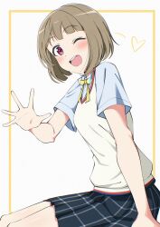 Rule 34 | 1girl, ;d, absurdres, blue shirt, blush, bob cut, border, brown hair, collared shirt, dress shirt, feet out of frame, grey skirt, heart, highres, inset border, inverted bob, looking at viewer, love live!, love live! nijigasaki high school idol club, miniskirt, nakasu kasumi, neck ribbon, nijigasaki school uniform, one eye closed, open hand, open mouth, outside border, pink eyes, plaid clothes, plaid skirt, pleated skirt, ribbon, school uniform, shirt, short hair, short sleeves, simple background, sitting, skirt, smile, solo, sweater vest, uchuu no mozuku, white background, yellow border, yellow ribbon, yellow sweater vest