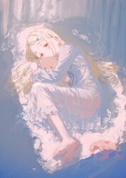 1girl =_hair_ornament arisu_syndrome ass barefoot bed_sheet blonde_hair closed_mouth gakuen_idolmaster hair_ornament hair_spread_out hairclip head_on_pillow highres holding holding_stuffed_toy hug idolmaster indoors long_hair looking_at_viewer lying nightgown no_panties on_bed on_side orange_eyes panties pillow pink_panties see-through_clothes shinosawa_hiro smile solo stuffed_animal stuffed_toy teddy_bear underwear unworn_panties white_nightgown