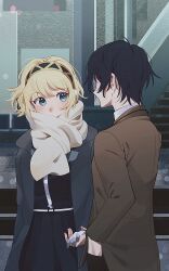 Rule 34 | 1boy, 1girl, aigis (persona), alternate costume, android, black hairband, black jacket, black skirt, blonde hair, blue eyes, blue hair, blush, brown jacket, closed mouth, commentary request, covered mouth, elulit2, gekkoukan high school uniform, gold trim, hairband, hand in pocket, highres, holding hands, jacket, long sleeves, looking at another, open clothes, open jacket, persona, persona 3, scarf, scarf over mouth, school uniform, short hair, skirt, white scarf, winter clothes, yuuki makoto (persona 3)