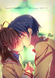 Rule 34 | 1boy, 1girl, antenna hair, artist name, blue hair, blush, brown hair, brown jacket, clannad, closed eyes, furukawa nagisa, hair ornament, hairclip, hetero, highres, hikarizaka private high school uniform, jacket, kiss, long hair, long sleeves, mixed-language commentary, okazaki tomoya, rossana-roxy, sailor collar, school uniform, short hair, white sailor collar