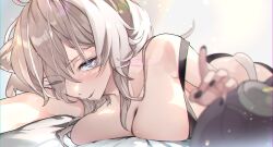 Rule 34 | 1girl, animal ears, black nails, blue eyes, blurry, blurry foreground, breasts, cleavage, hair over one eye, hololive, large breasts, light blush, light smile, lion ears, lion girl, lion tail, lying, messy hair, nyas0123, on stomach, one eye closed, shishiro botan, signature, solo, strap slip, tail, tank top, virtual youtuber, white hair